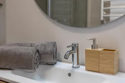 a bathroom with a sink with a mirror and a faucet at Griunvaldo apartamentai in Kaunas