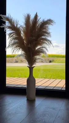 a vase sitting on a table in front of a window at Vilkiškių Karpis Glamping in Vilionys