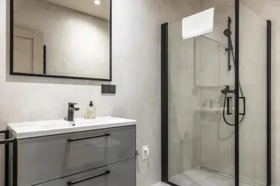 a bathroom with a sink and a shower at Jaukus poilsis Birštone in Birštonas