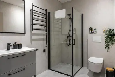 a bathroom with a shower and a toilet and a sink at Jaukus poilsis Birštone in Birštonas