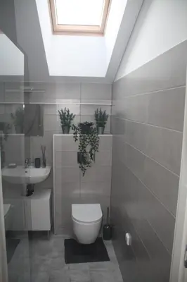 a bathroom with a toilet and a sink and a skylight at Central Kaunas Apartment in Kaunas