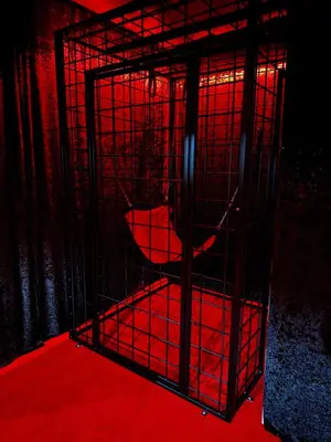 a red bird cage with a red seat in it at Oscuro Deseo BDSM in Kaunas