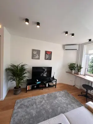 a living room with a flat screen tv and a table at Algirdo Sunlight Studio in Vilnius