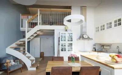 a kitchen and dining room with a spiral staircase at Urban Loft Escape Kaunas Center in Kaunas