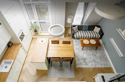 an overhead view of a living room with a couch and a table at Urban Loft Escape Kaunas Center in Kaunas