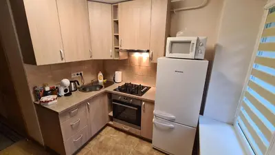 a small kitchen with a white refrigerator and a microwave at Gimnazijos apartamentai in Biržai