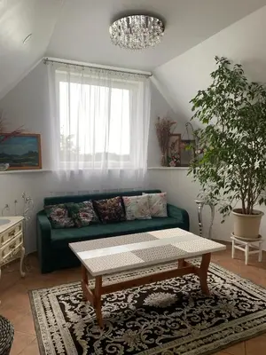 a living room with a green couch and a table at Privatus Apartamentai Akademijoje in Akademija