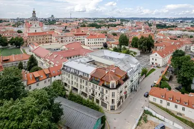 an aerial view of a city with buildings at Barbacan by Monto in Vilnius