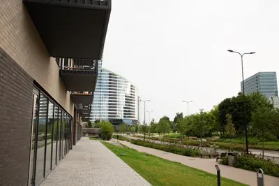 a building with a walkway in front of a building at Brand new luxurious apartment in Vilnius center in Vilnius