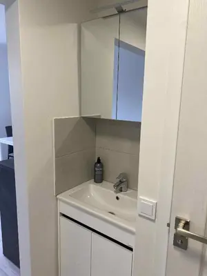 a white bathroom with a sink and a mirror at VILNIUS apartment with balcony in Vilnius