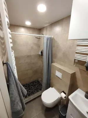 a bathroom with a shower and a toilet and a sink at UrbanHome Rokiškis in Rokiškis
