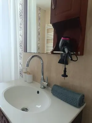 a bathroom sink with a hair dryer and a mirror at Julia's Apartment