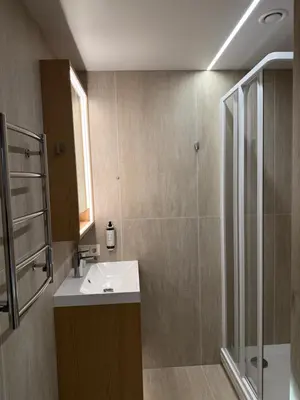 a bathroom with a sink and a shower at Miško Kortai
