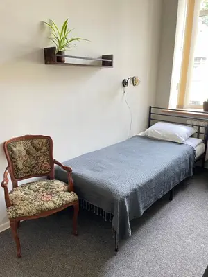 a bedroom with a bed and a chair and a plant at Studija Mona in Vilnius