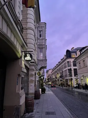 a city street with a building on the side at Studija Mona in Vilnius