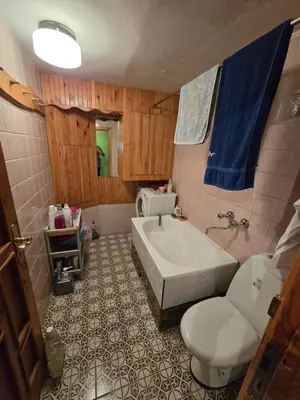 a bathroom with a tub and a toilet and a sink at Pas Povilą in Jurbarkas
