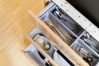a drawer full of utensils in a kitchen at Embassy Studio 303 in Vilnius