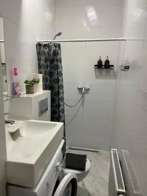 a white bathroom with a shower and a sink at Tiny Brick Loft in Vilnius