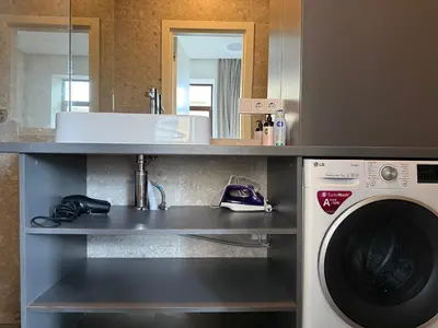 a kitchen with a sink and a washing machine at Nemunas Apartaments in Kaunas