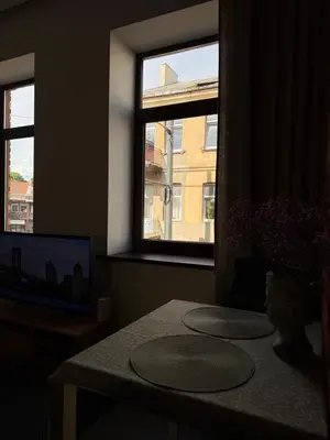 a living room with a table and a window at Nemunas Apartaments in Kaunas