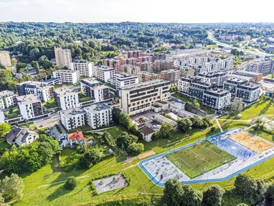 an aerial view of a city with buildings at Luxury Private Apartment near Old Town and Nature in Vilnius