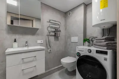 a bathroom with a washer and a toilet and a sink at Cozy Boho Loft in Vilnius