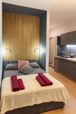 a bedroom with a large bed with two red pillows on it at Zveryno City Appartments in Vilnius