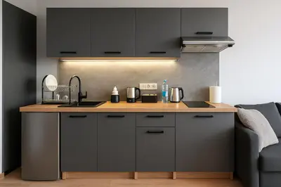 a kitchen with black cabinets and a counter top at Zveryno City Appartments in Vilnius