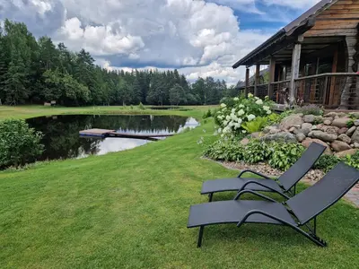 a bench sitting in the grass next to a lake at VIP forest dreams villa 2 in Leliūnai
