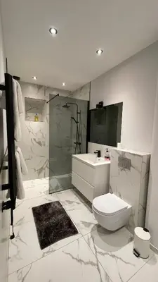 a bathroom with a toilet and a sink and a shower at Central Kaunas Luxury Apartment with Free Parking in Kaunas