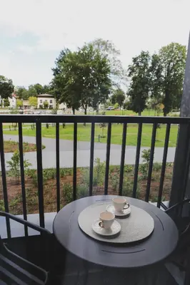a table with two cups and plates on a balcony at Pušų nata in Druskininkai