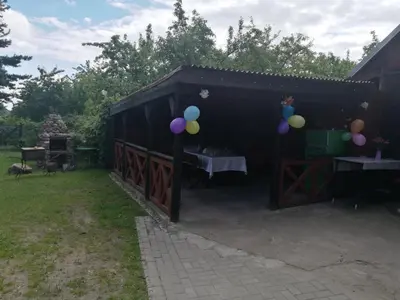 a black shed with balloons in a yard at Kaimo turizmo sodyba