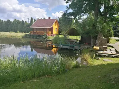 a yellow house with a dock next to a lake at Kaimo turizmo sodyba