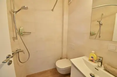 a bathroom with a shower and a toilet and a sink at Domillion 2bdr 2bath on Vokieciu w parking V1020A in Vilnius