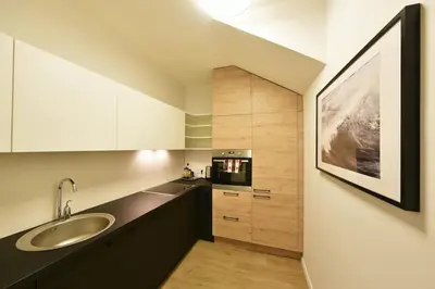 a bathroom with a sink and a microwave at Domillion 2bdr 2bath on Vokieciu w parking V1020A in Vilnius