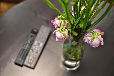 a vase with flowers sitting on a table next to a remote control at Domillion 2bdr President Palace free parking L417 in Vilnius