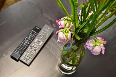 a vase with flowers in it next to a remote control at Domillion 2bdr President Palace free parking L417 in Vilnius
