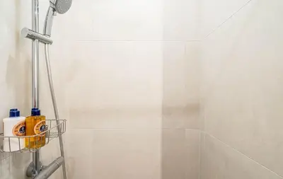 a bathroom with a shower with a soap dispenser at Domillion 2bdr New Scandinavian old town apt N2A5 in Vilnius