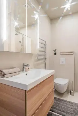 a bathroom with a white sink and a toilet at Domillion 2bdr New Scandinavian old town apt N2A5 in Vilnius