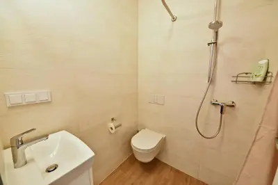 a bathroom with a shower and a toilet and a sink at Domillion Duplex Apt 11 ppl 4baths Vokieciu V10C in Vilnius