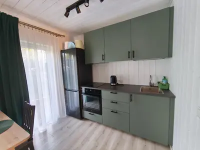 a kitchen with green cabinets and a sink at Gervių takas 2
