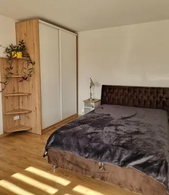 a bedroom with a large bed and a dresser at Vytautas central apartament in Kaunas