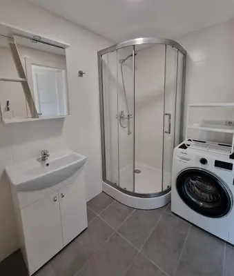 a bathroom with a washing machine and a sink at Vytautas central apartament in Kaunas