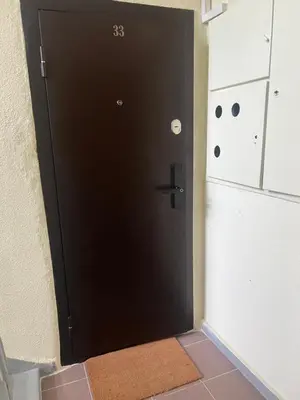 a black door in a room with a kitchen at Next door airport apartmens in Karmėlava