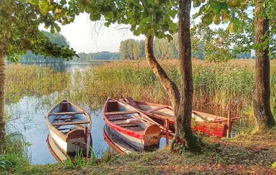 two boats sitting in the water next to trees at Tytų Vila in Tytuvėnai