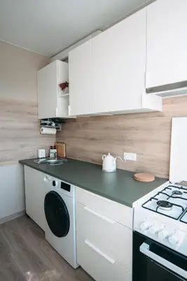 a kitchen with a washing machine and a stove at Central Park Apartment in Šiauliai