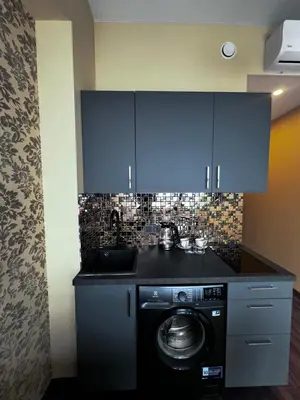 a kitchen with a washing machine and blue cabinets at Jovarelis in Vilnius