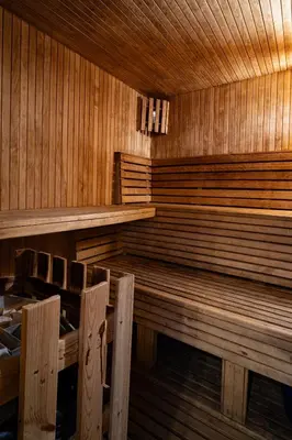 a sauna with wooden benches and tables and chairs at Romuvos Parkas in Zalioji