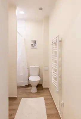 a white bathroom with a toilet and a shower at Vincent Sunlight Stay - Near Clinic, Arena and Stadium in Kaunas