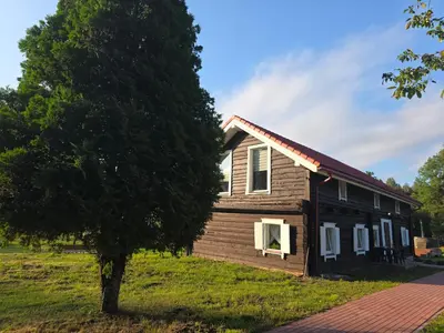 a wooden house with a tree in front of it at Friend's homestead